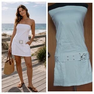 White Cotton Strapless Mini Dress Size M Minimal Summer Belted Dress